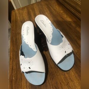 Clarks White and Blue Mules Comfortable Slip-On Design
